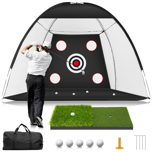 MUVPOH Golf Net: 10x7ft Golf Practice Net for Backyard Chipping Driving with Dual-Turf Golf Hitting Mat, All-in-1 Outdoor Indoor Golf Hitting Net with Multiple Targets, Golf Aid for Men/Golf Lovers