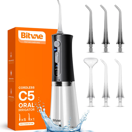 Bitvae C5 Water Dental Flosser for Teeth, Cordless Water Teeth Cleaner Picks, 3 Modes 5 Intensities, IPX7 Waterproof Water Flosser, 6 Tips Rechargeable Water Dental Picks for Cleaning - Black