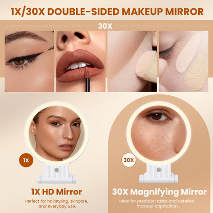 tubbede 1X/30X Lighted Makeup Mirror with Magnification, Double-Sided Switch, 3-Color Lights, 2000mAh Rechargeable, Adjustable Brightness for Vanity Table or Bathroom (Grey)