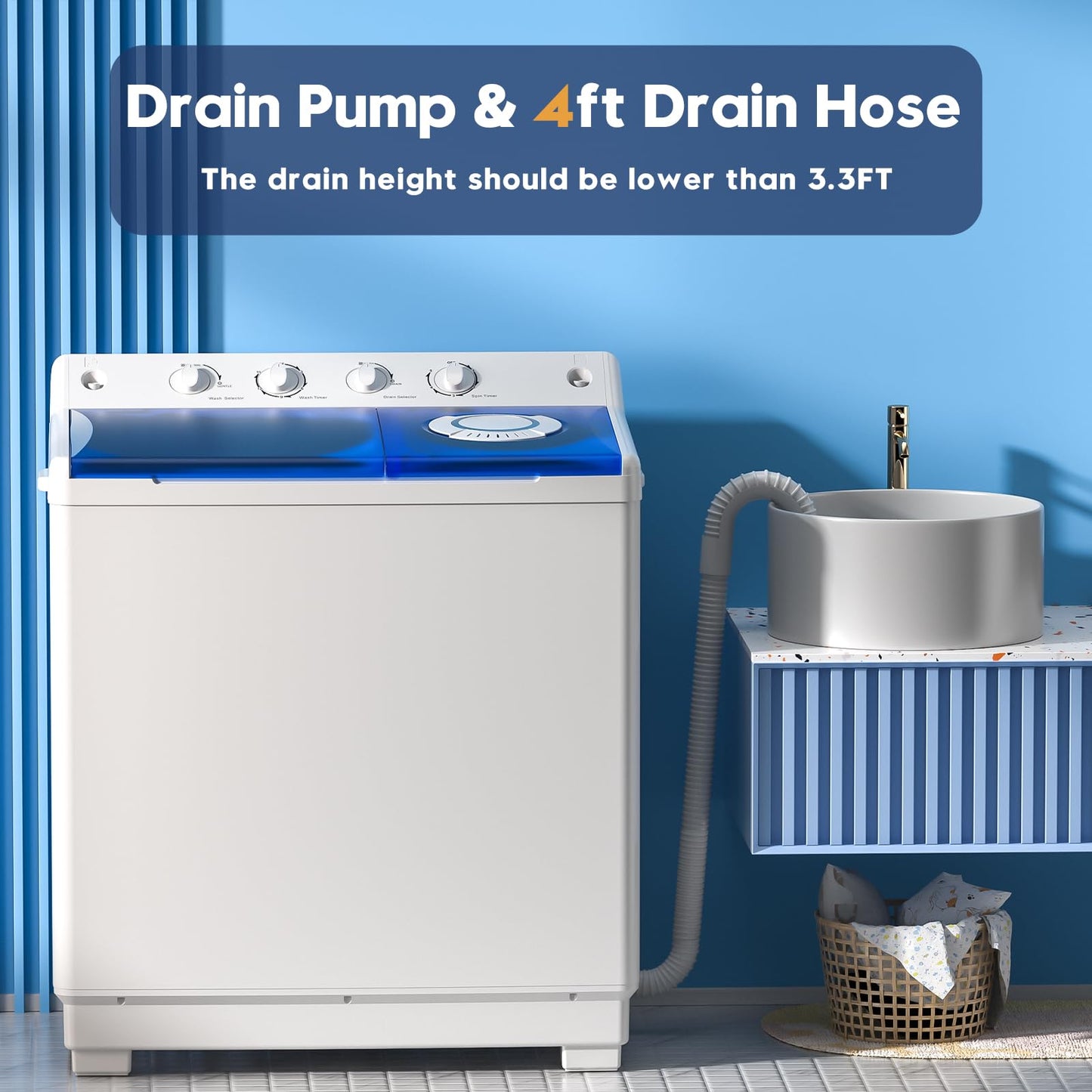 Auertech Portable Washing Machine, 40lbs Twin Tub Washer Large Laundry Machine with Drain Pump, Semi-automatic 24lbs Washer 16lbs Spinner Combo for Dorms, Apartments, RVs