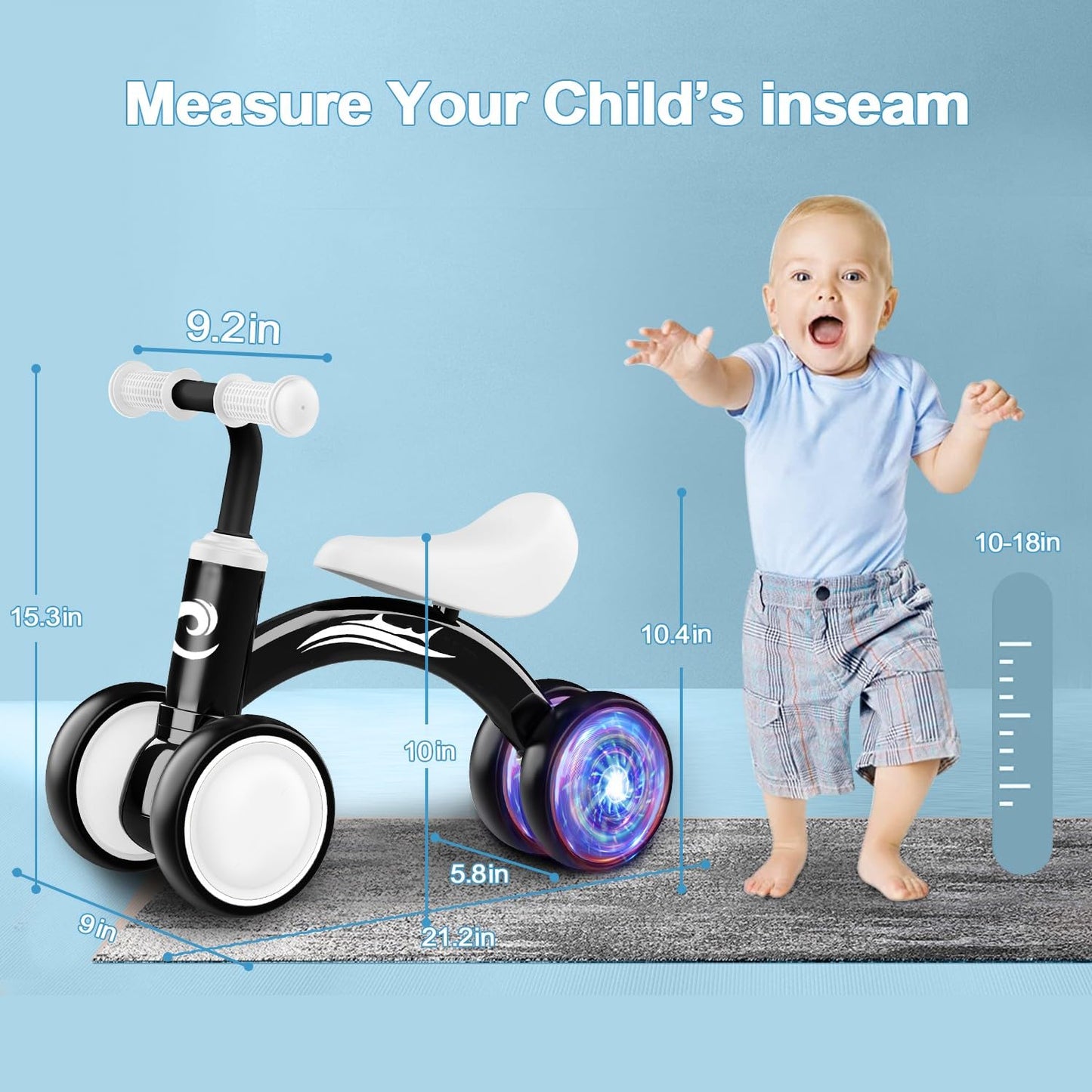 Colorful Lighting Baby Balance Bike Toys for 1-2 Year Old Boy Gifts, 10-36 Month Toddler Balance Bike, No Pedal 4 Silence Wheels&Soft Seat First Riding on Toys, One Year Old Boy Birthday Gifts.