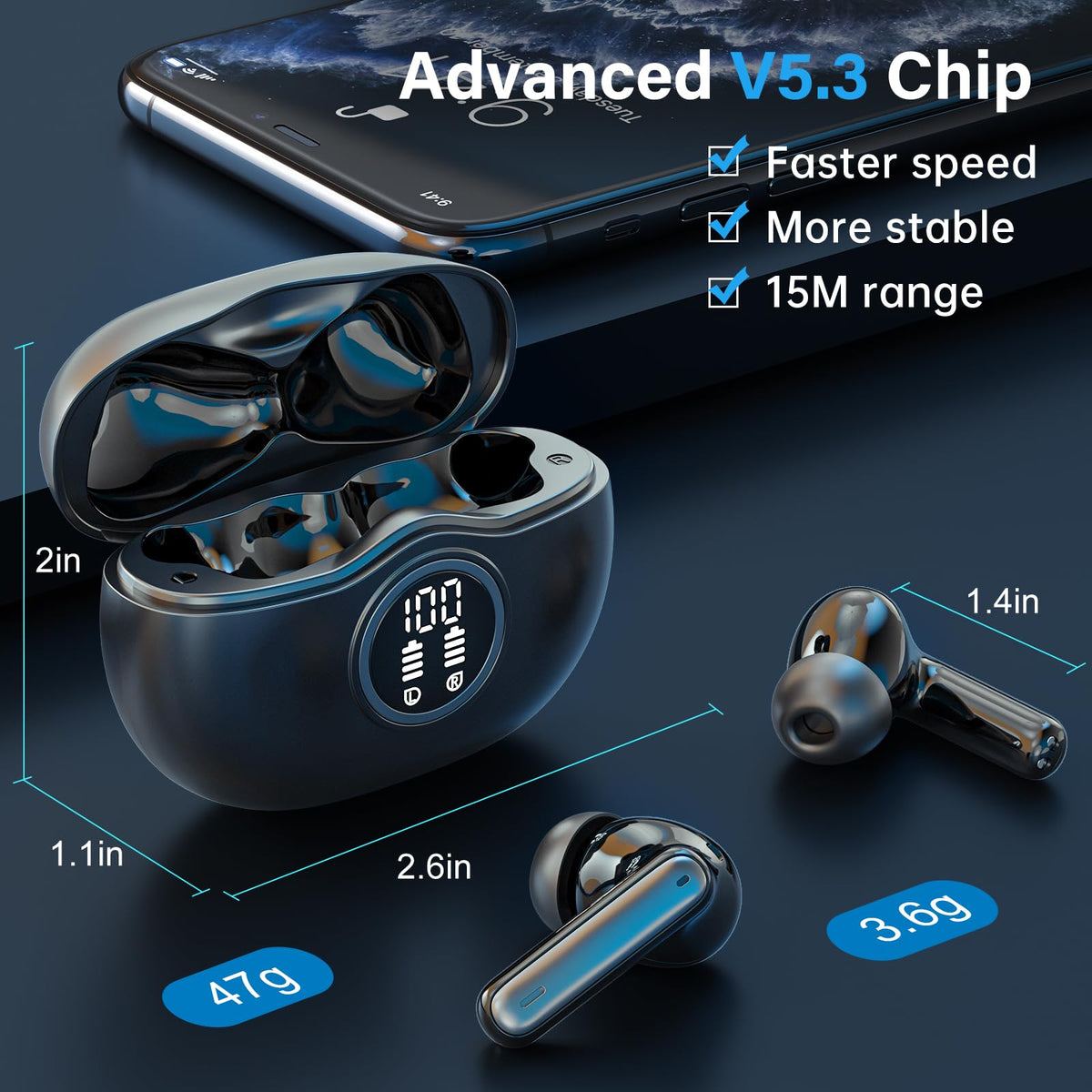 Sisism A10 Pro Wireless Earbuds, Bluetooth 5.3 Headphones HiFi Stereo 50H Playback LED Digital Display Ear Buds with ENC Noise Canceling Headset, IPX7 Waterproof Earphones for Gym/Running/Work - Black