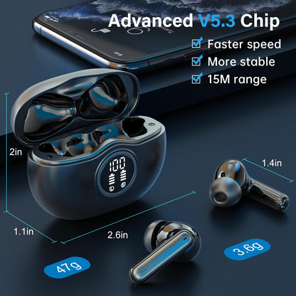 Sisism A10 Pro Wireless Earbuds, Bluetooth 5.3 Headphones HiFi Stereo 50H Playback LED Digital Display Ear Buds with ENC Noise Canceling Headset, IPX7 Waterproof Earphones for Gym/Running/Work - Black