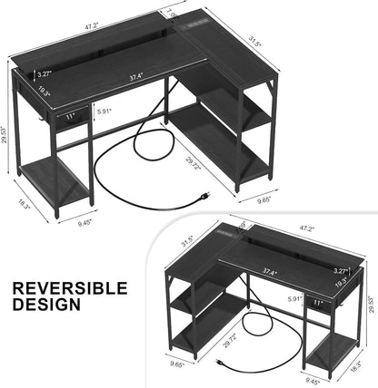 Eivanet 47 inch Gaming Desk with Power Outlet & LED Light, Reversible L Shaped Desk, L Shaped Desk with Hook & Monitor Stand, Computer Desk with Drawer and Shelves for Home Office Bedroom