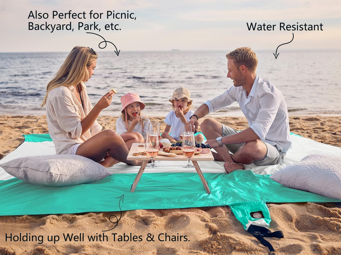 WEKAPO Beach Blanket - Sandproof Waterproof Extra Large Beach Mat | Oversized Sand-Free Lightweight Quick-Drying | Beach Vacation Essentials with Stakes & Corner Pockets (Turquoise, 9x10 FT)