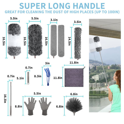Microfiber Feather Duster with Extension Pole 30 to 100 inches, Reusable,Bendable, Washable Dusters for Cleaning Ceiling Fan, High Ceiling, Blinds, Furniture & Cars, 12PCS