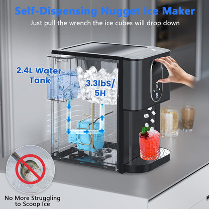Nugget Ice Makers Countertop, Pebble Ice Maker Machine with Dispenser 44lbs/24H, Soft Chewable Pellet Ice Machine, 3.3lbs Ice Storage, Self-Cleaning Ice Maker for Home/Kitchen/Party/Office, Black