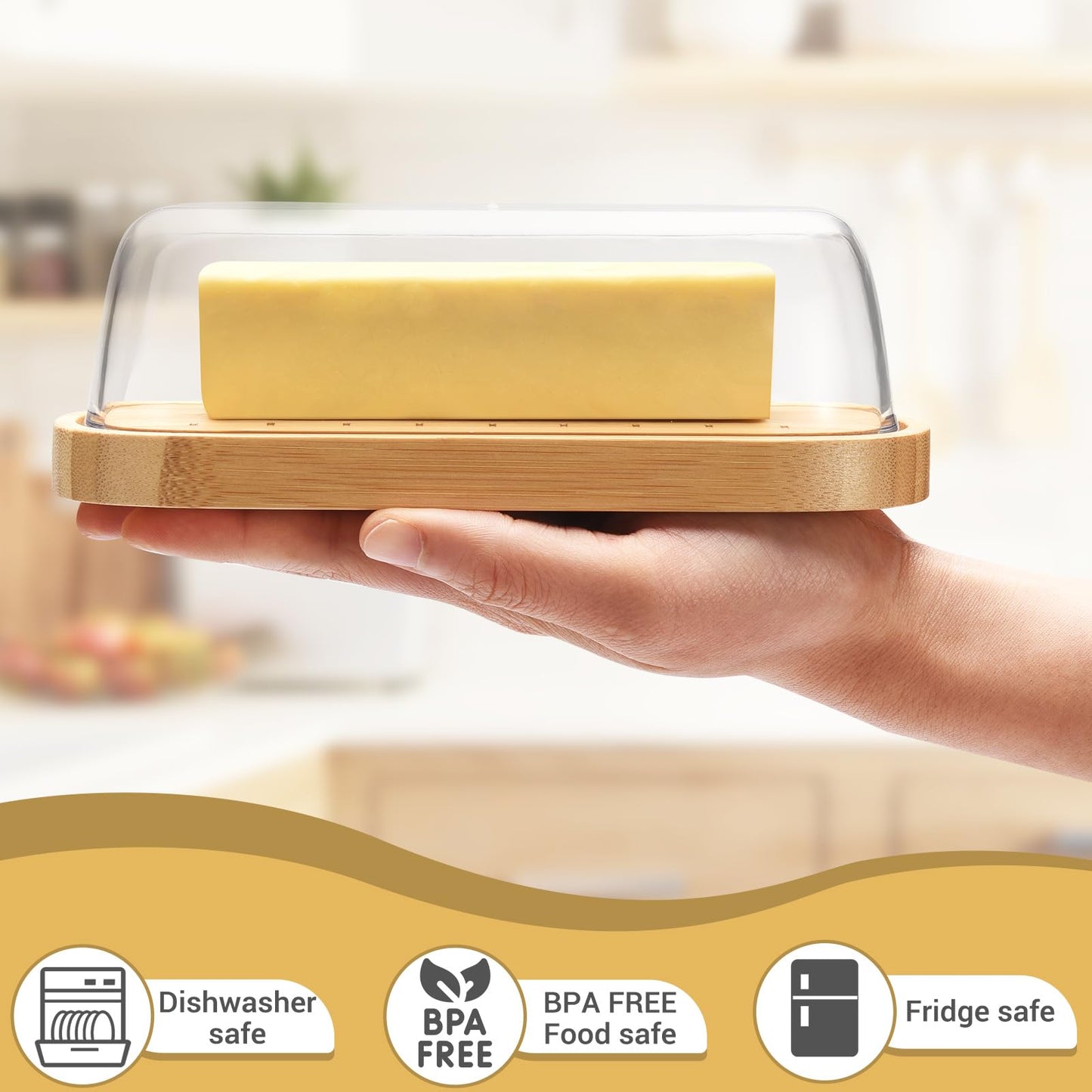 HEKEIEON Butter Dish with Lid, Bamboo Butter Holder, Butter Container Holds for East/West Coast Butter, Dishwasher Safe