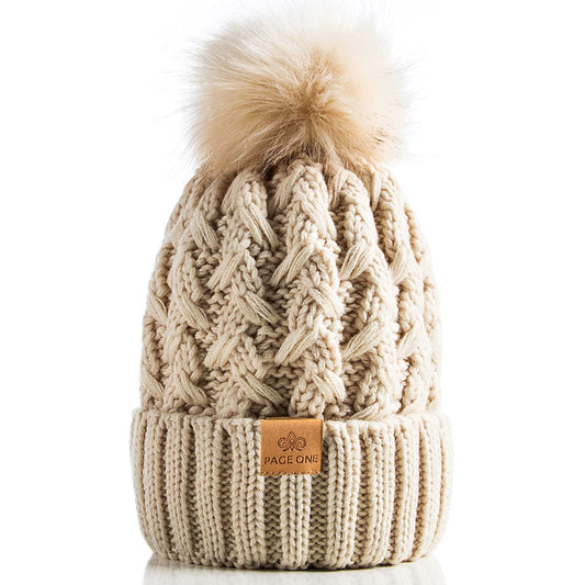 PAGE ONE Womens Winter Ribbed Beanie Crossed Cap Chunky Cable Knit Pompom Soft Warm Hat Beige