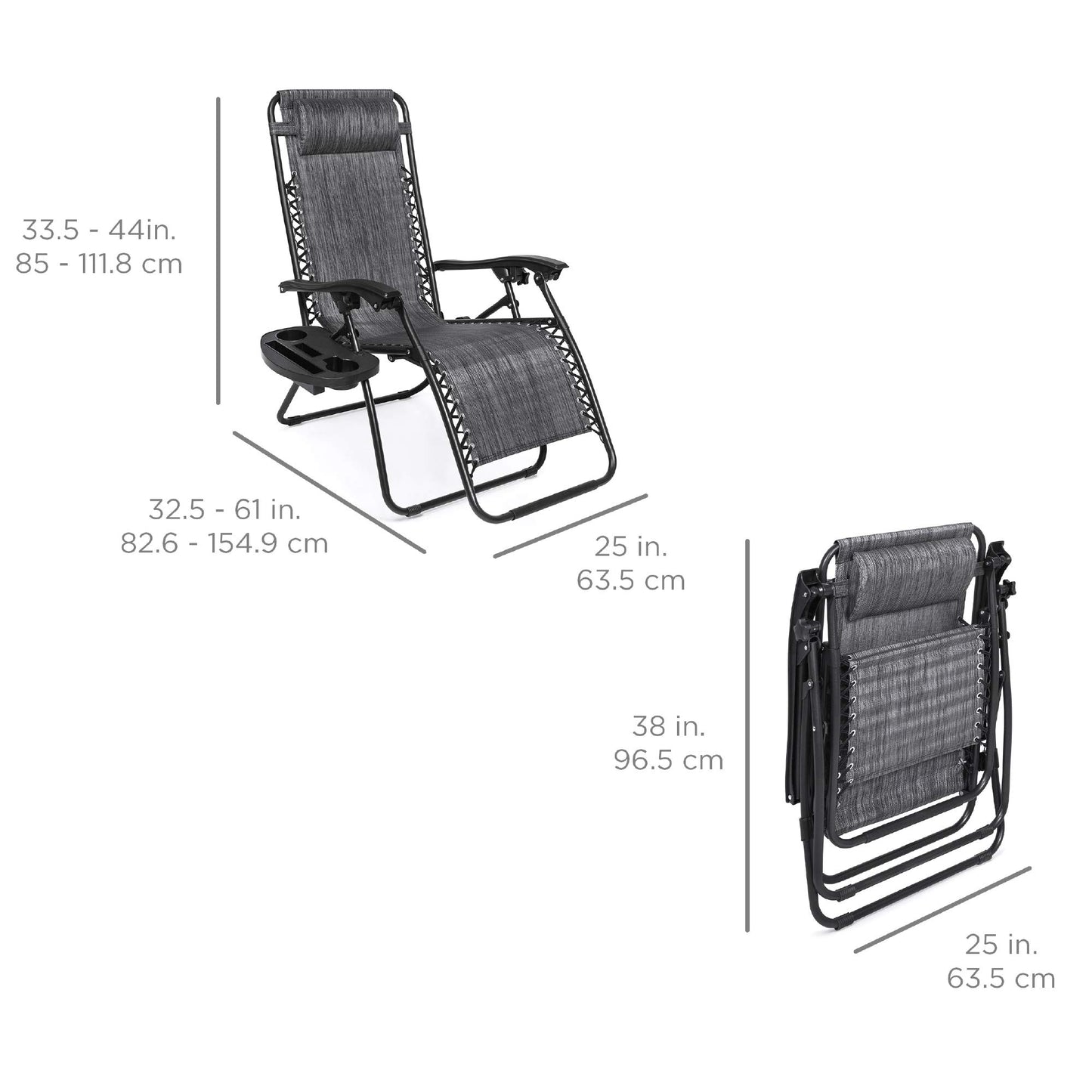 Best Choice Products Set of 2 Adjustable Steel Mesh Zero Gravity Lounge Chair Recliners w/Pillows and Cup Holder Trays, Gray