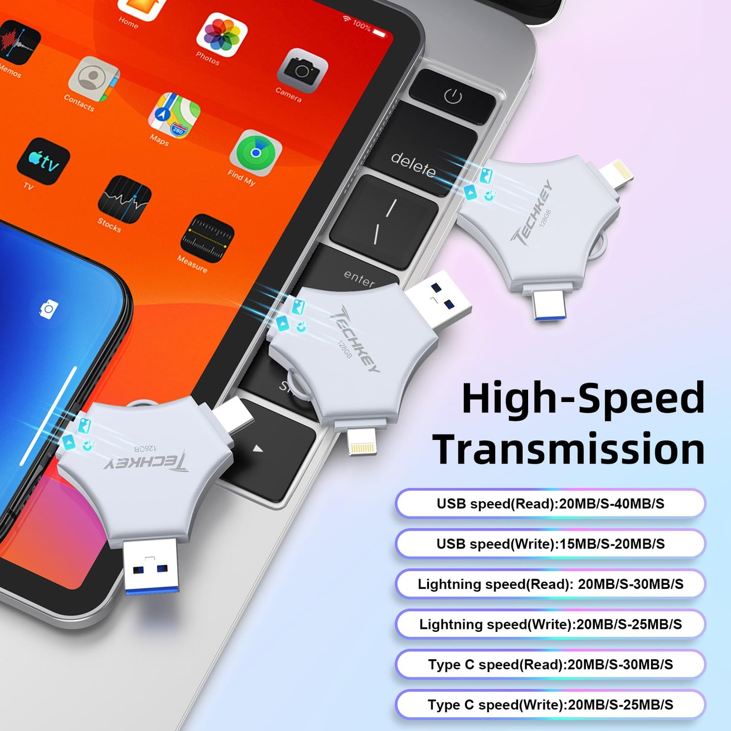 MFi Certified USB 3.0 Flash Drive 128GB for iPhone, 3in1 External Memory Photo Keeper Storage Stick for Picture/Video/Data Saver/Backup, High Speed Thumb/Jump/Hard Drives for iPhone/iPad/Android/PC