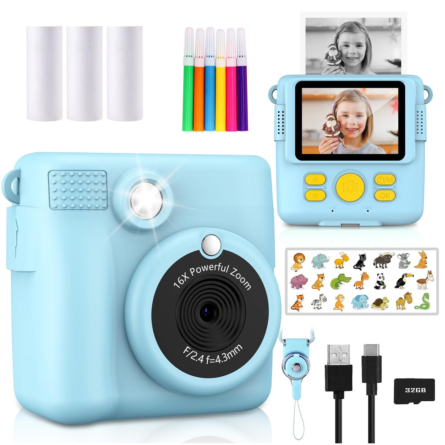 Radekly Instant Print Camera for Kids,Christmas Birthday Gifts for Age 3-12 Girls Boys，1080P HD Digital Video Cameras for Toddler,Kids Portable Toy with 3 Rolls Photo Paper，32GB Card-Blue