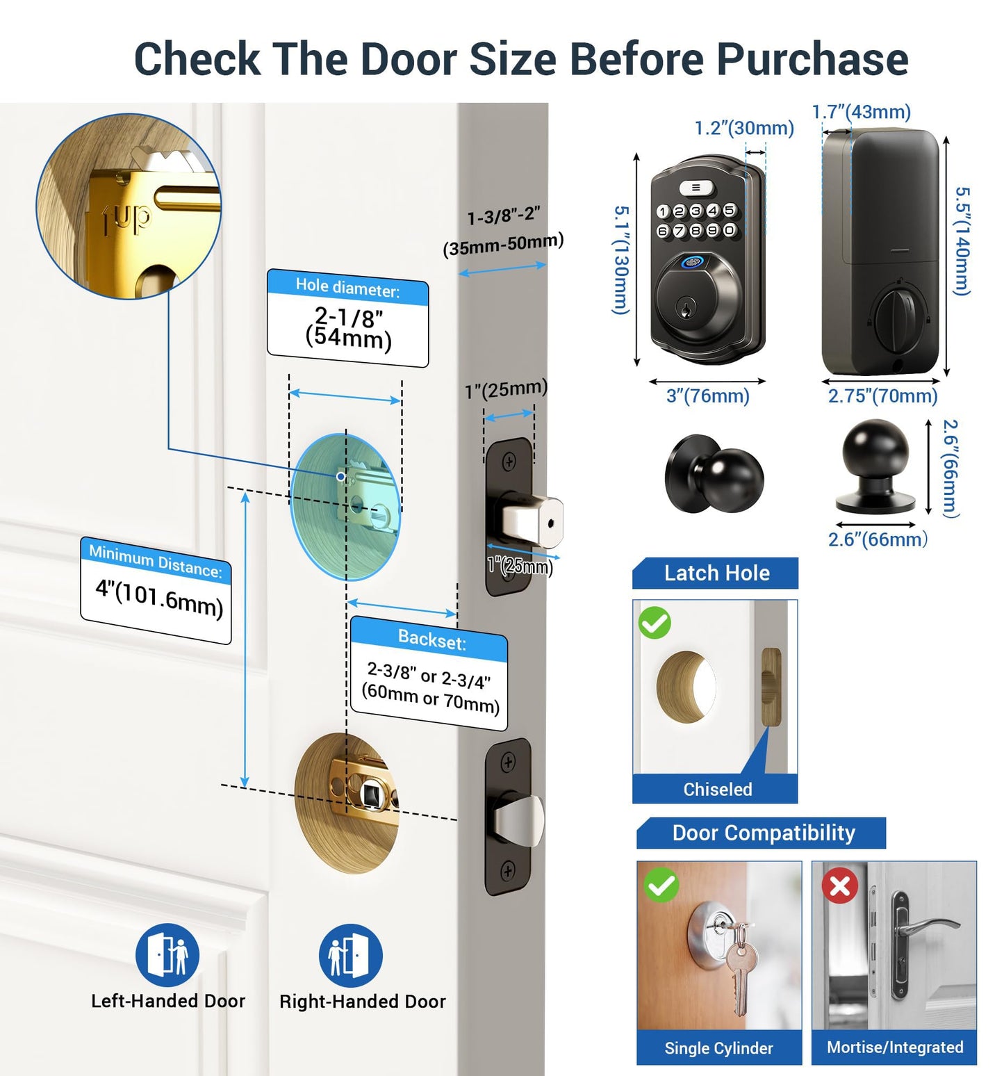 Veise Fingerprint Door Lock with 2 Door Knobs - Keyless Entry Door Lock with Handle, Electronic Keypad Deadbolt, Smart Front Door Lock Set, Auto Lock, Waterproof, Easy Installation, Matte Black