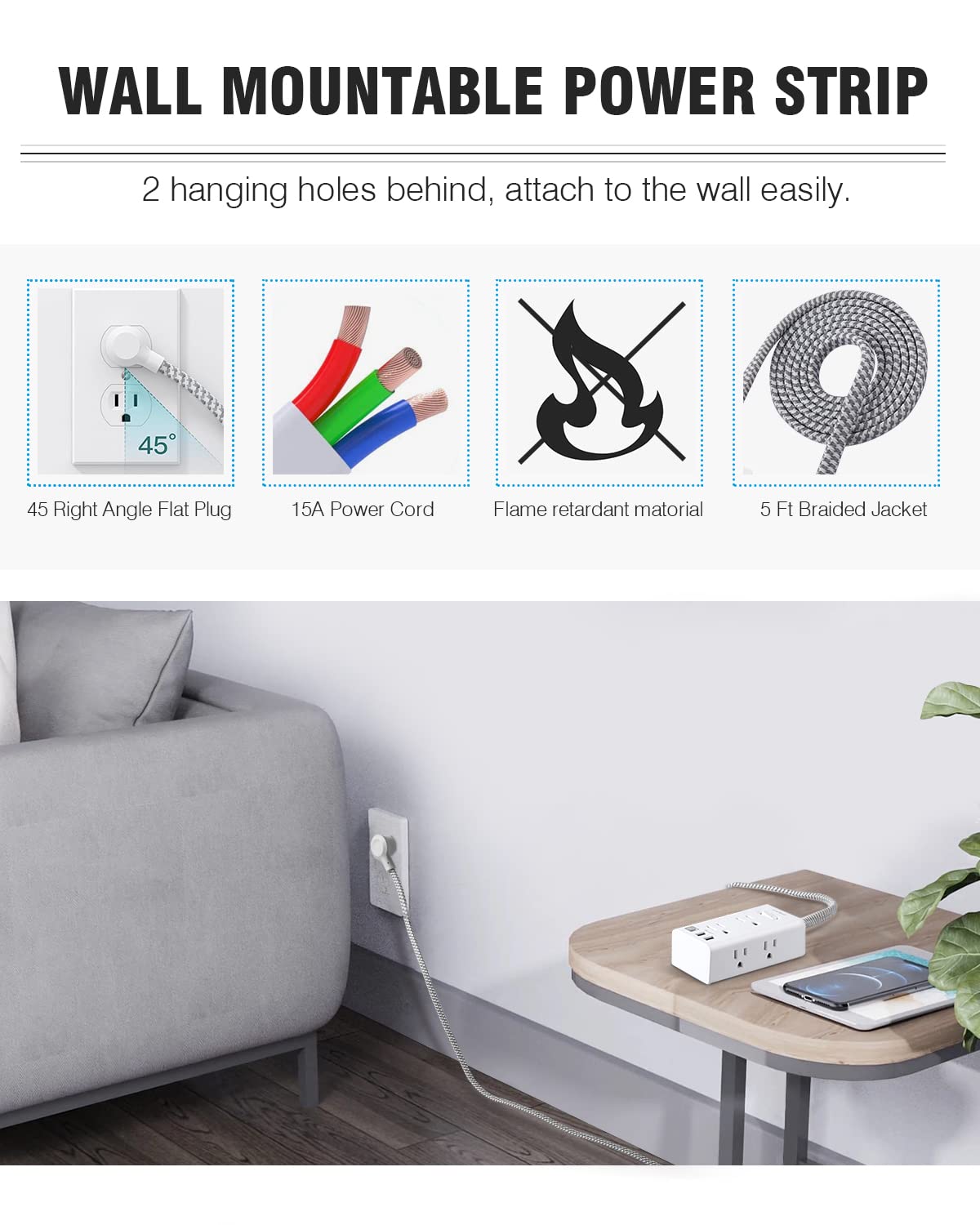 Power Strip Surge Protector - One Beat 6 Widely Outlets with 3 USB Ports (1 USB C), 5 Ft Extension Cord Flat Plug, Wall Mount Outlet Extender Small Power Strip for Travel Home Office College Dorm Room