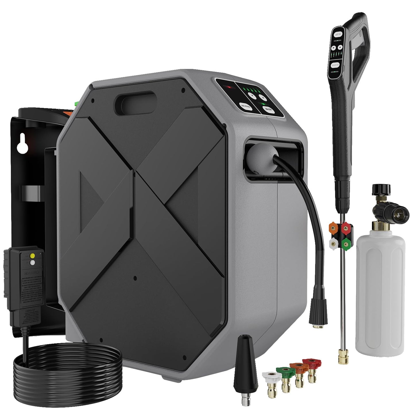 DECOKTOOL Wall Mounted Pressure Washer - 5000 PSI, 3.6 GPM Electric Power Washer with 100FT Retractable Hose, 5-Stage Adjustable Pressure, Foam Cannon & 5 Nozzles for Car, Lane, Patio Cleaning, Black
