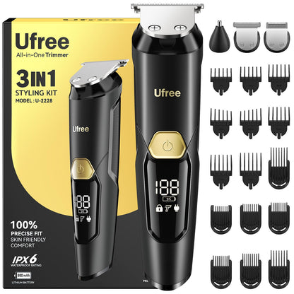 Ufree 3-in-1 Beard Trimmer Kit, Men's Electric Shaver Razor for Mustache Body Nose Facial Hair, Professional Hair Trimmer, Rechargeable Clippers, Waterproof Beard Grooming, Birthday Gifts for Men