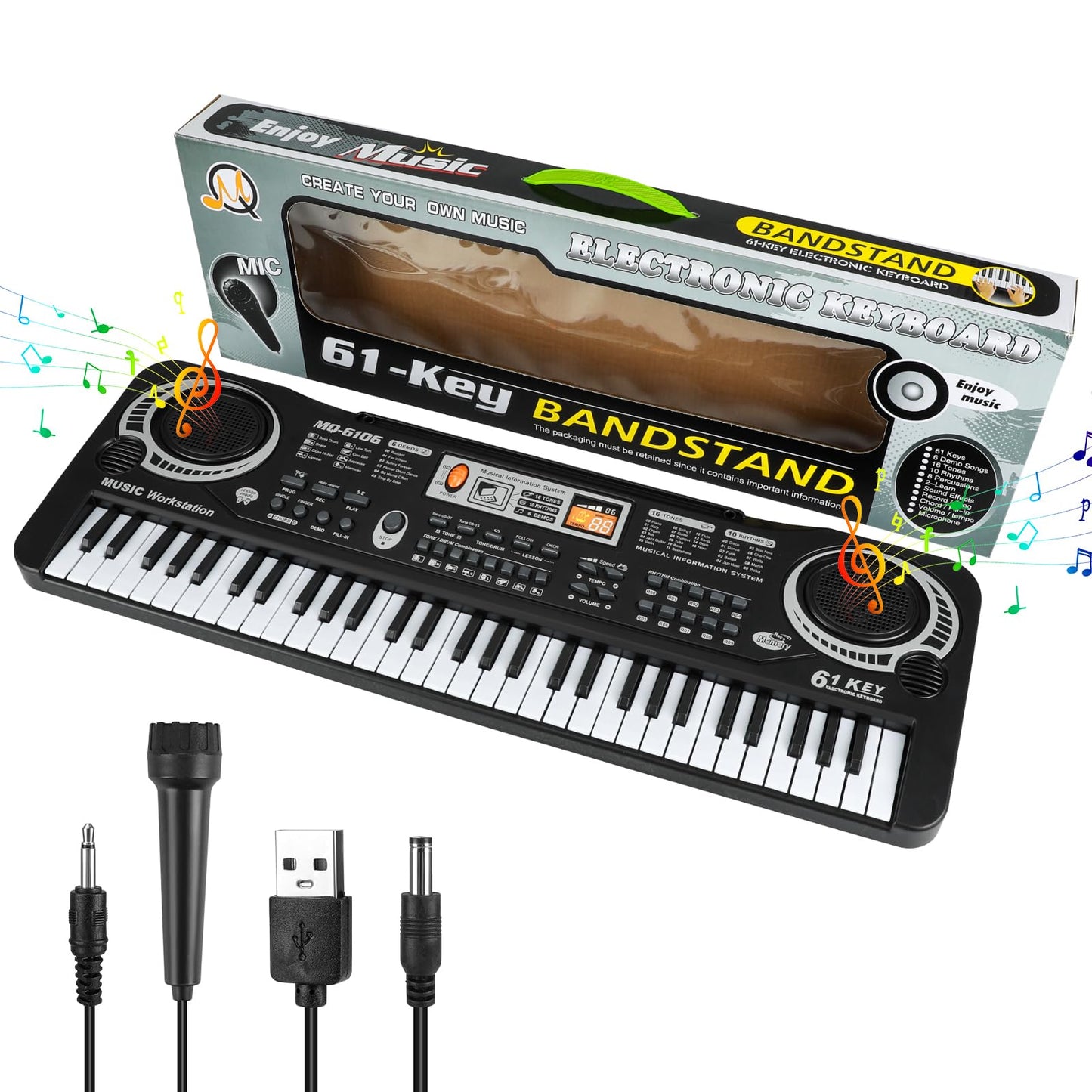 61 Key Piano Keyboard, Beginner Electronic Keyboard for Kids with Teaching Mode, 6 Demo Songs, 16 Tones, Microphone and Power Supply, Kids Piano Keyboard for Birthday Gift