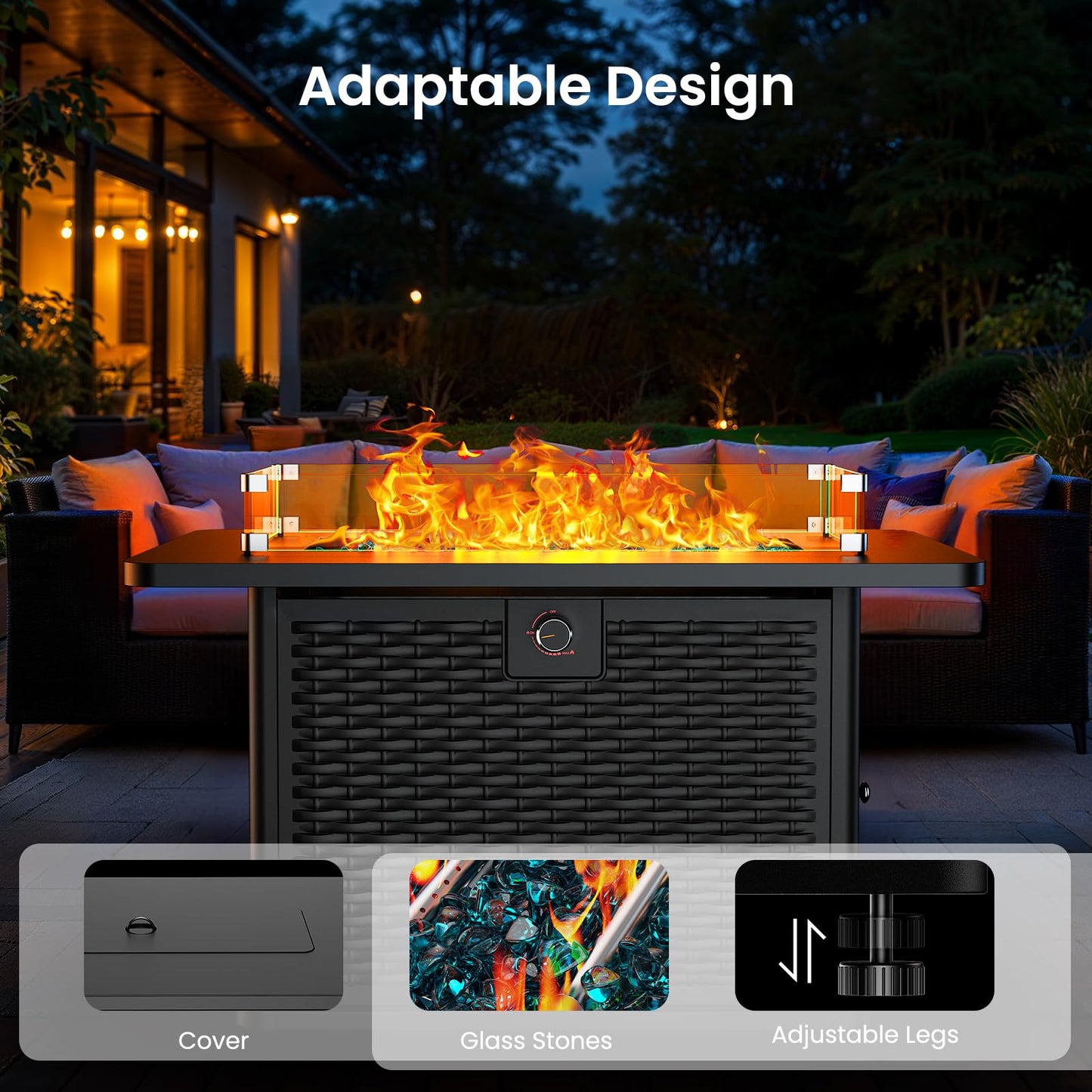 Ciays 43-Inch Rectangular Propane Fire Pit with 60,000 BTU Output, Fire Pit Table CSA-Certified Premium Gas for Outside Patio with 304 Stainless Steel H-Burner, Glass Stones, and Wind Guard,Black