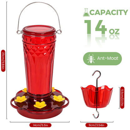 Zamelane Glass Hummingbird feeders for Outdoors 2pack-14Ounces，5 Feeding Ports Hummingbird Feeder,Wide Mouth for Easy Filling/Cleaning，Hanging for Garden Backyard Decor, Includes Ant Moat (Red，2Pack)