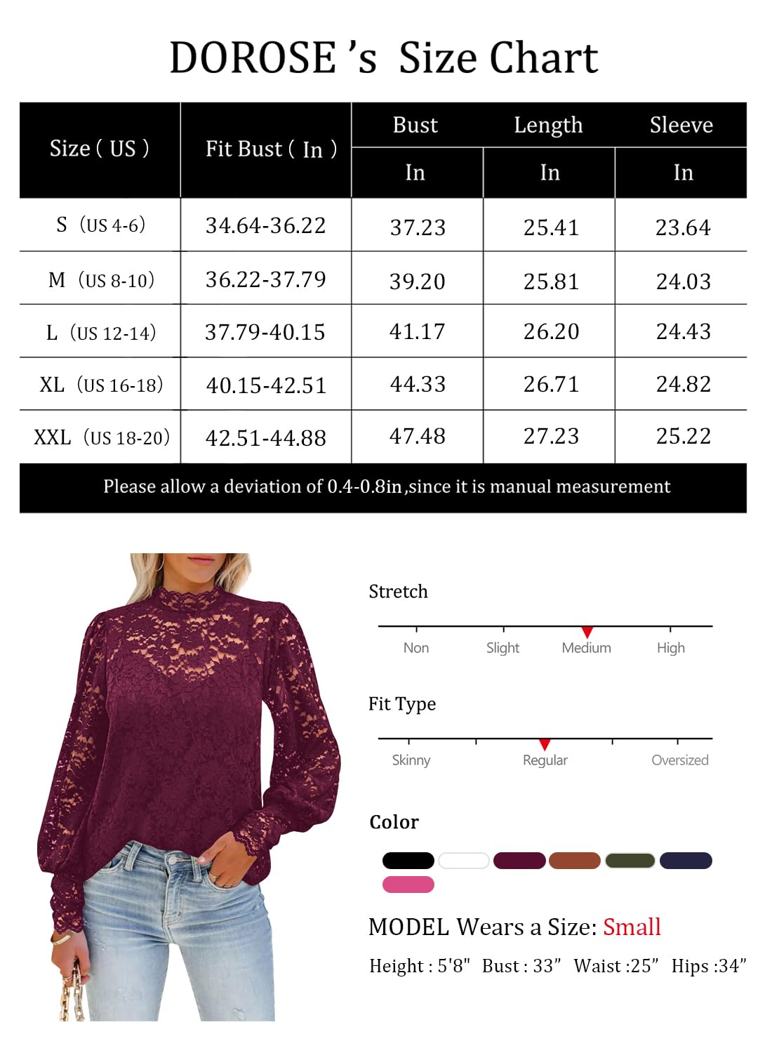 DOROSE Tops for Women Sexy Lace Mesh Puff Long Sleeve Blouses Shirts Wine Red S
