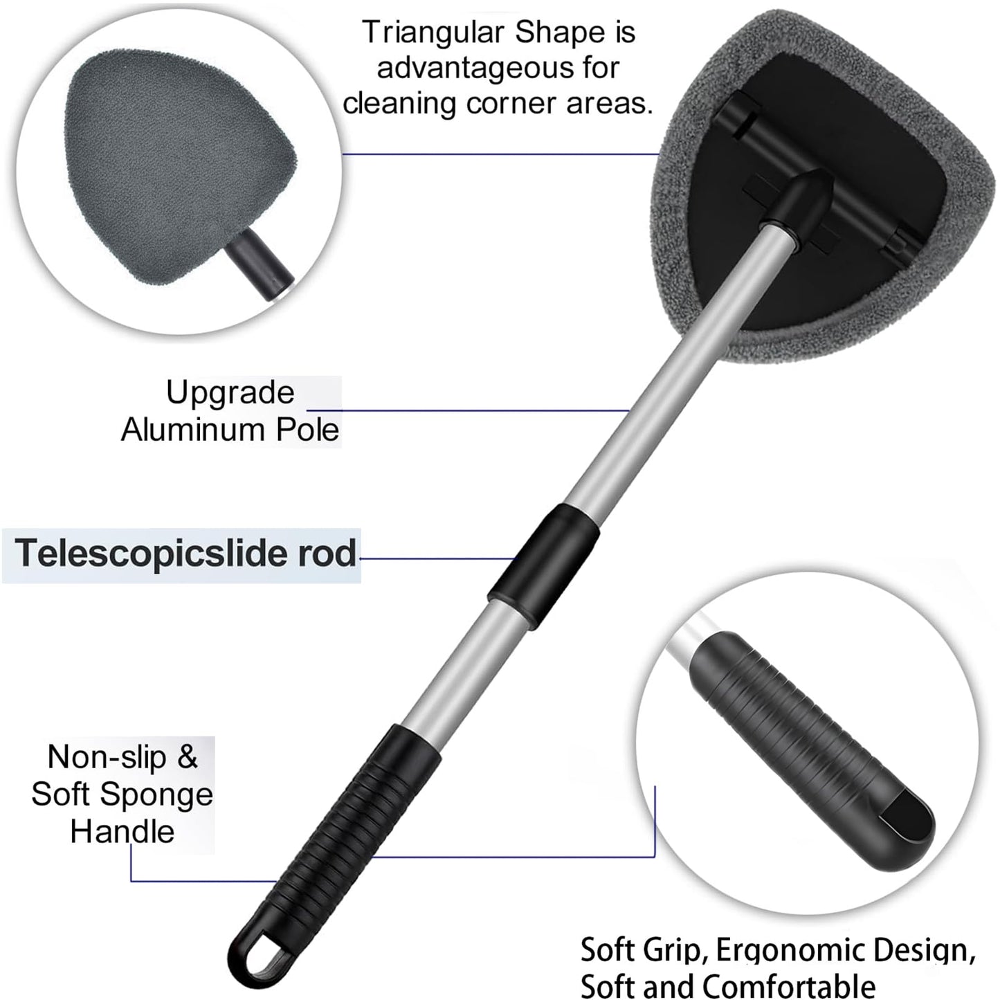 Windshield Cleaner Tool with Rotating Extendable Handle, 4 Reusable Microfiber Pads, Aluminum Window Cleaning Wand for Car Interior, Auto Glass, RV, Truck, with 30ml Spray Bottle