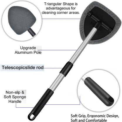 Windshield Cleaner Tool with Rotating Extendable Handle, 4 Reusable Microfiber Pads, Aluminum Window Cleaning Wand for Car Interior, Auto Glass, RV, Truck, with 30ml Spray Bottle