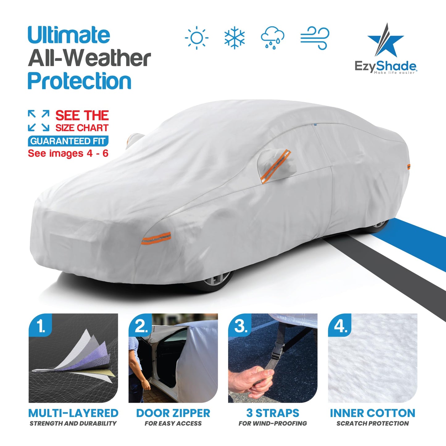 EzyShade 10-Layer Car Cover Waterproof All Weather. See Vehicle Size-Chart for Accurate Fit. Outdoor Full Exterior Covers for Automobiles Sedan Hatch SUV Rain Sun Protection. Size A3 (See SizeChart)