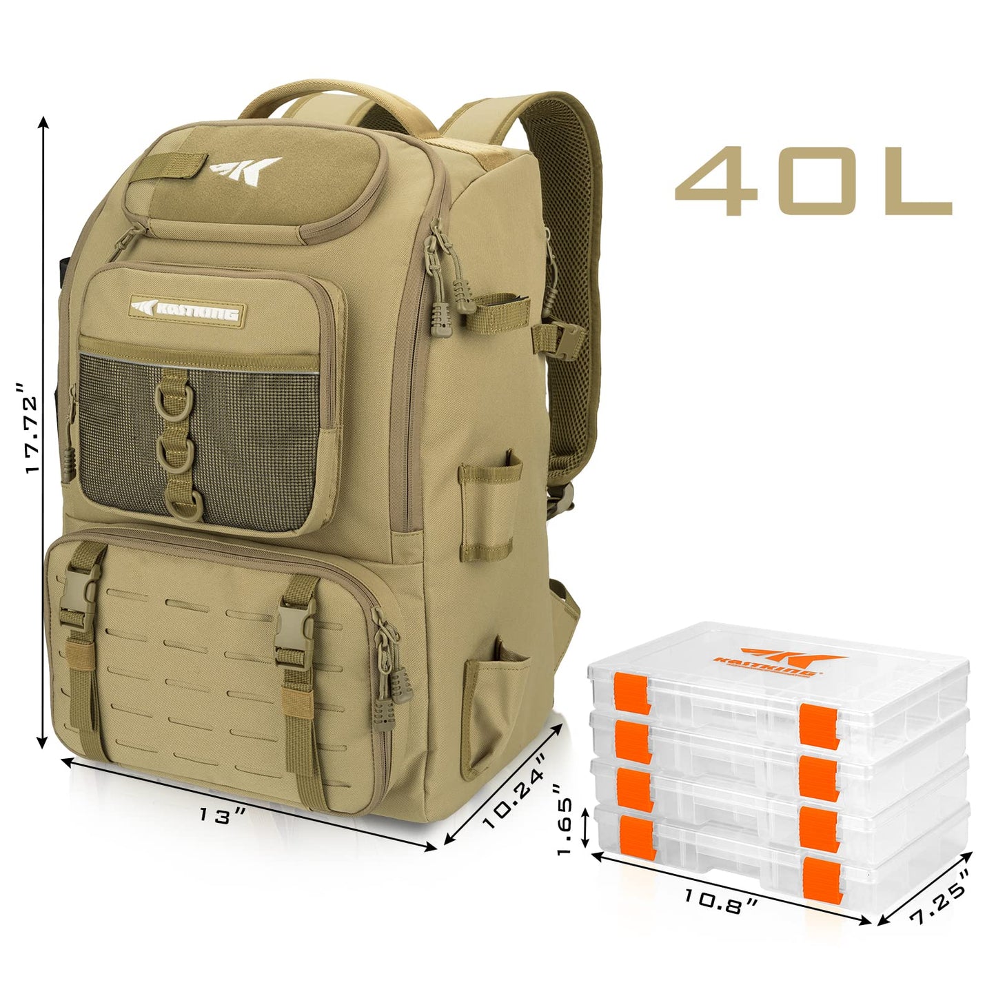 KastKing Karryall Fishing Tackle Backpack with Rod Holders 4 Tackle Boxes,40L Fishing Bag Storage Fishing Gear and Equipment