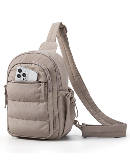 BAGSMART Puffer Sling Bag for Women, Quilted Small Crossbody Bag Lightweight Multi Pockets for Travel Sports Hiking, Camel