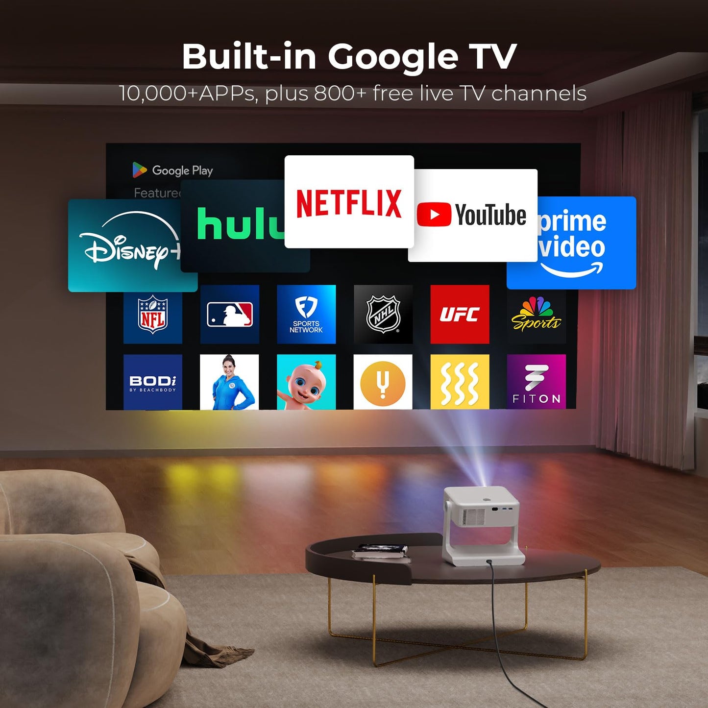 Outdoor-Projector-4K [1200 ANSI/Google TV/Voice Control] Smart Projector with WiFi 6 and Bluetooth, 10,000+ Apps, AI Focus Portable Proyector with Netflix, Sovbio 1080P Audio Movie Home [180° Stand]