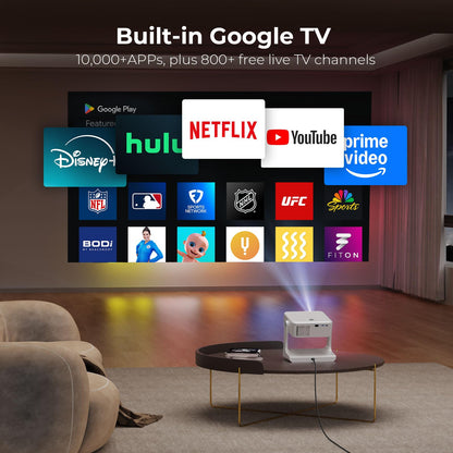 Outdoor-Projector-4K [1200 ANSI/Google TV/Voice Control] Smart Projector with WiFi 6 and Bluetooth, 10,000+ Apps, AI Focus Portable Proyector with Netflix, Sovbio 1080P Audio Movie Home [180° Stand]