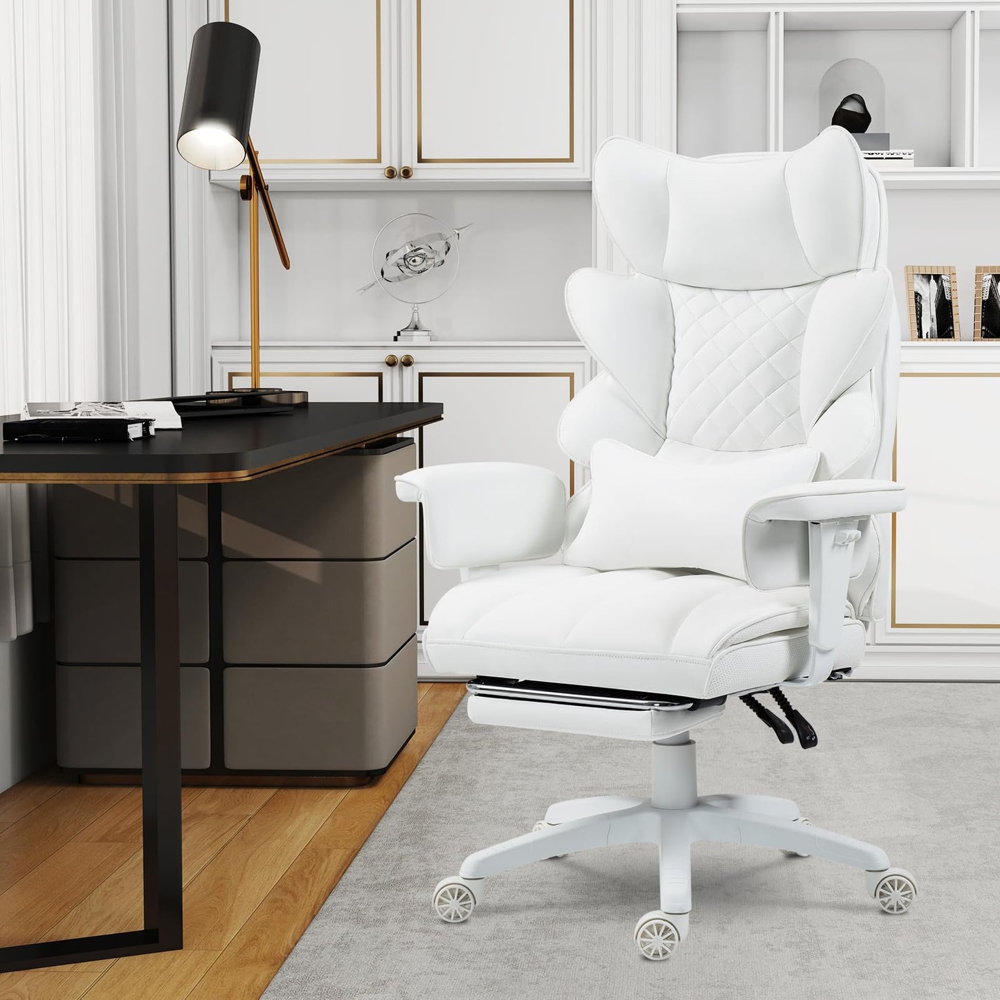 Dowinx Big and Tall Office Chair with Pocket Spring Cushion and Lumbar Support,High Back Computer Gaming Chair with Adjustable Armrests,Executive Desk Chair with Footrest,(PU Leather, White)