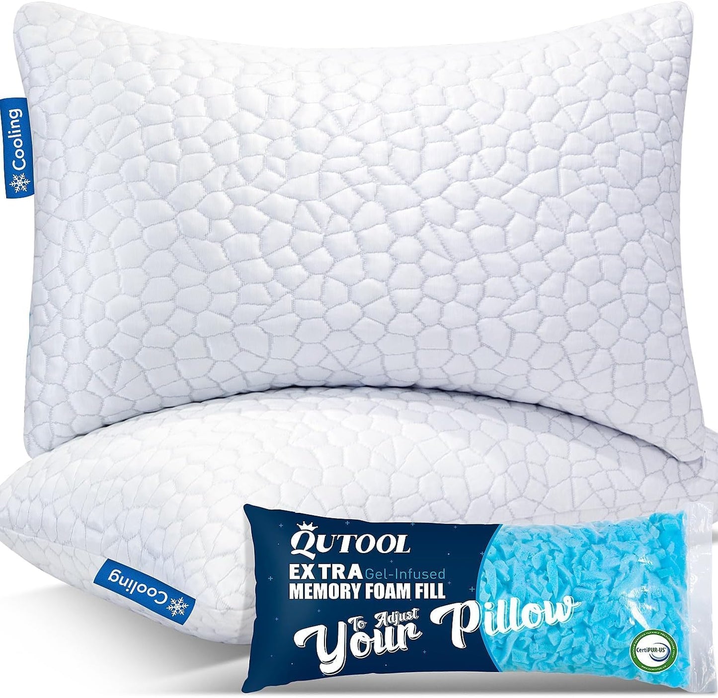 Cooling Bed Pillows for Sleeping, Shredded Memory Foam Pillows 2 Pack, Gel Pillows Standard Size Set of 2, Support yet Soft Pillow for Side, Back Sleepers Adjustable Pillow with Removable Cover