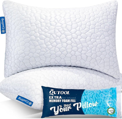 Cooling Bed Pillows for Sleeping, Shredded Memory Foam Pillows 2 Pack, Gel Pillows Standard Size Set of 2, Support yet Soft Pillow for Side, Back Sleepers Adjustable Pillow with Removable Cover