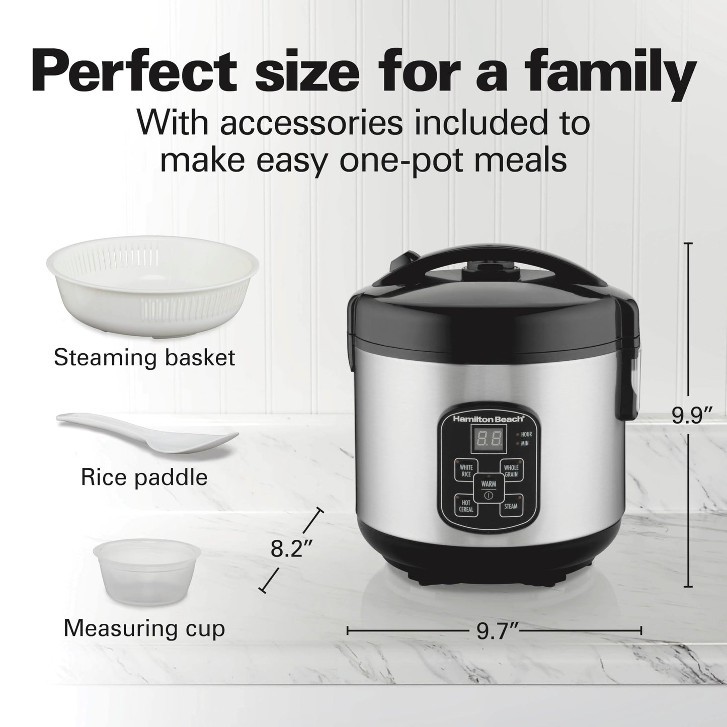 Hamilton Beach Digital Programmable Rice Cooker & Food Steamer, 8 Cups Cooked (4 Uncooked), With Steam & Rinse Basket, Stainless Steel (37518)