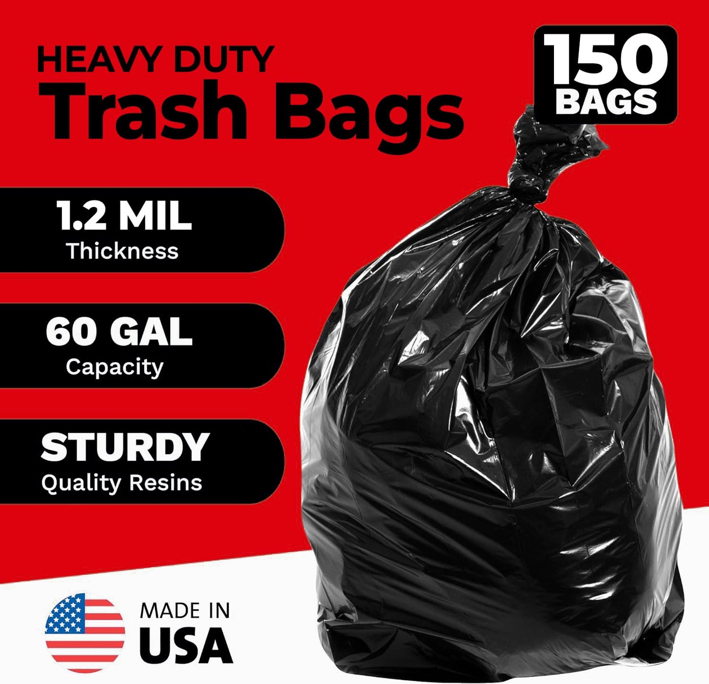 ToughBag 55-60 Gallon Heavy Duty Trash Bags - 150 Count, Large Black Garbage Bags - Made in USA