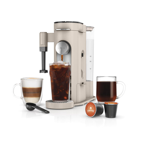 Ninja Pod & Grounds Specialty XL Single-Serve Coffee Maker, K-Cup Pod Compatible, Brews Grounds, Compact Design, Built-In Milk Frother, 68-oz. Reservoir, 6-oz. Cup to 24-oz. Mug Sizes, Stone, PB055AST