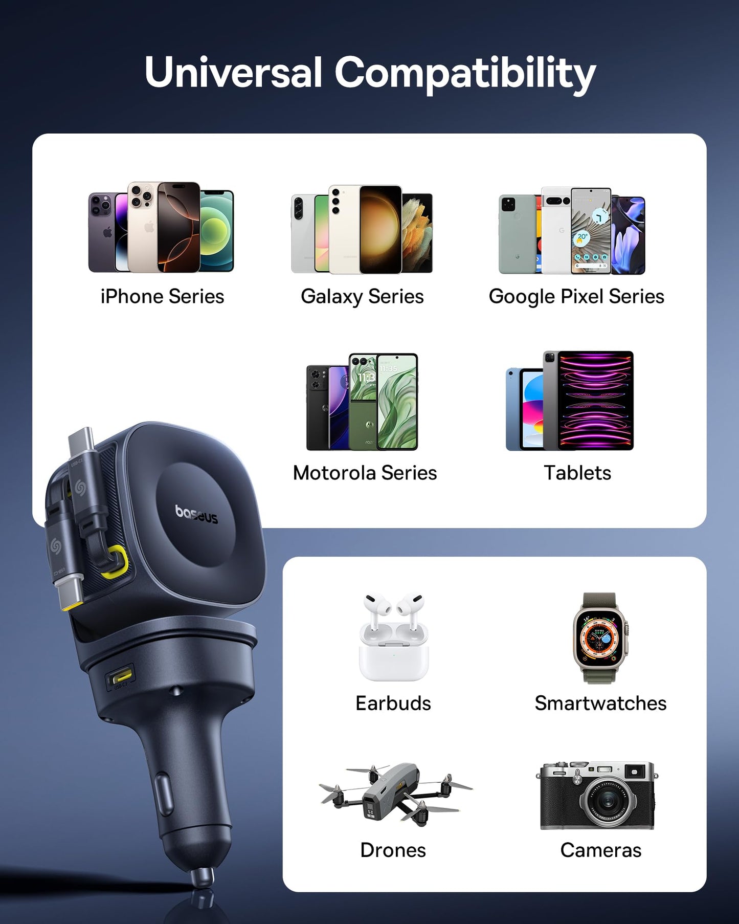 Baseus 163W Retractable Car Charger USB C Fast Charging, PrimeTrip VR2 Max 4 in 1 Fast Car Charger with Dual Retractable USB C Cable for iPhone 16 15 14 Pro Max, Samsung Galaxy S25 Ultra, Android