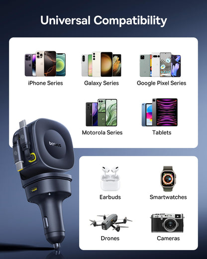 Baseus 163W Retractable Car Charger USB C Fast Charging, PrimeTrip VR2 Max 4 in 1 Fast Car Charger with Dual Retractable USB C Cable for iPhone 16 15 14 Pro Max, Samsung Galaxy S25 Ultra, Android