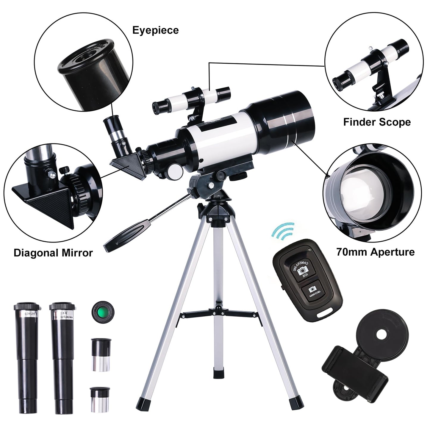 Telescope for Adults & Kids, 70mm Aperture Refractor (15X-150X) Portable Travel Telescope with Phone Adapter & Wireless Remote, Astronomy Beginners Gifts, Black