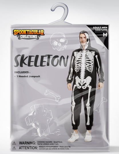 Spooktacular Creations Halloween Skeleton Pajama, Skeleton Costume for Adult Men, Hooded Plush Pajamas Jumpsuit, Zip-Up Skull Jumpsuit for Adult Men Halloween Cosplay Costume Themed Parties Black