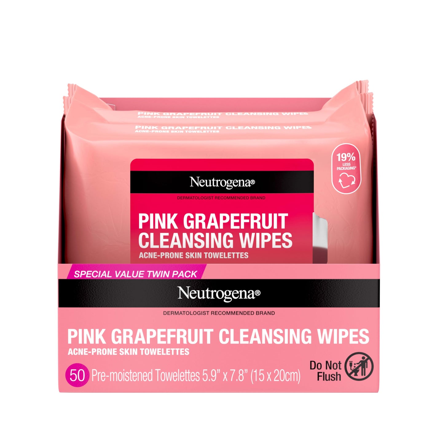 Neutrogena Makeup Remover Wipes, Facial Cleansing Wipes Suitable for Oily & Acne Prone Skin, Wipes Away Bacteria, Dirt & Oil, Scented Facial Wipes with Pink Grapefruit Extract, 50 Count