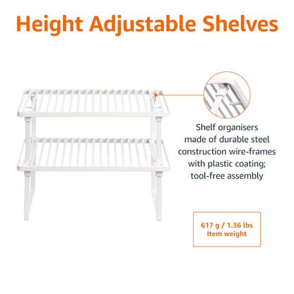 Amazon Basics Stackable Metal Kitchen Storage Shelves for Dishes, 12.5" L x 8" D x 4.5" H, Set of 2, White