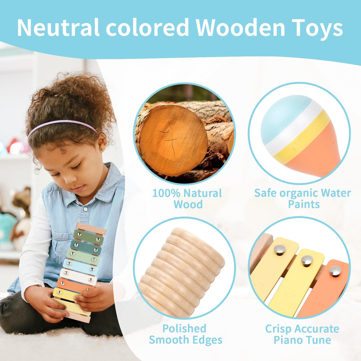 ZJEFUNS Baby Musical Instruments Set Wooden Montessori Toys for Toddlers 1-3 Percussion Instruments Set Modern Boho Music Toys for Kids Preschool Educational.