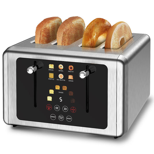 WUNLY 4 Slice Toaster, Touchscreen & Dual Independent Control Panel，5 Basic Functions & Digital Countdown Toasters, 6 Shade Settings＆6 Bread Types, Smart Bread Toaster Mute/Screen-Off,Silver