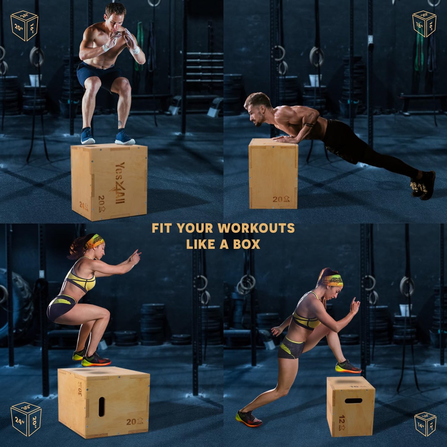 Yes4All 3 in 1 Wooden Plyo Box, Plyometric Box for Home Gym and Outdoor Workouts - 16x14x12