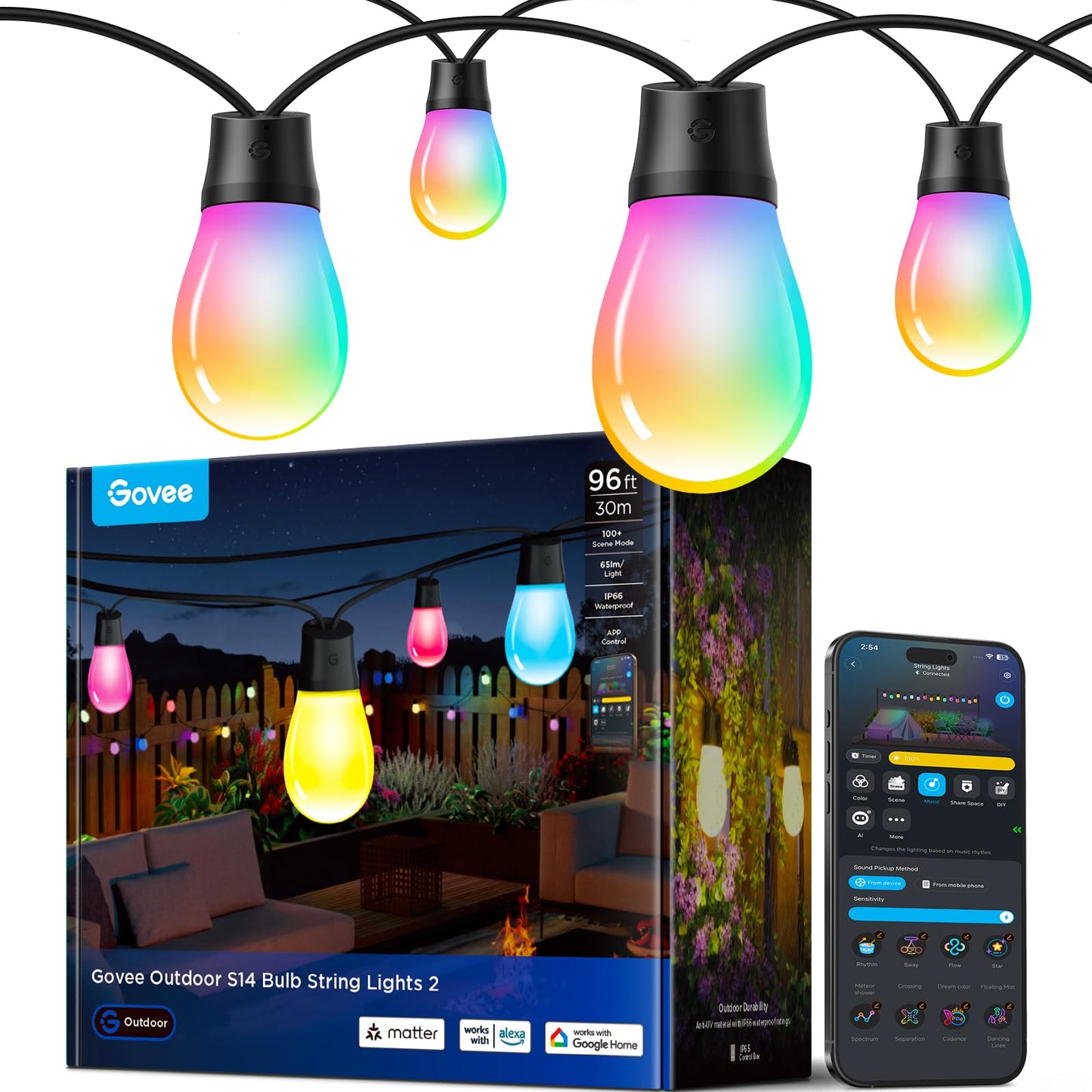 Govee S14 Bulb Outdoor String Lights 2, 96ft Smart RGBIC Warm White Patio Lights with 30 LED Bulbs, 111 Scene Modes for Outdoor Decor, Works with Alexa, Google, Matter, APP Control, IP66 Waterproof