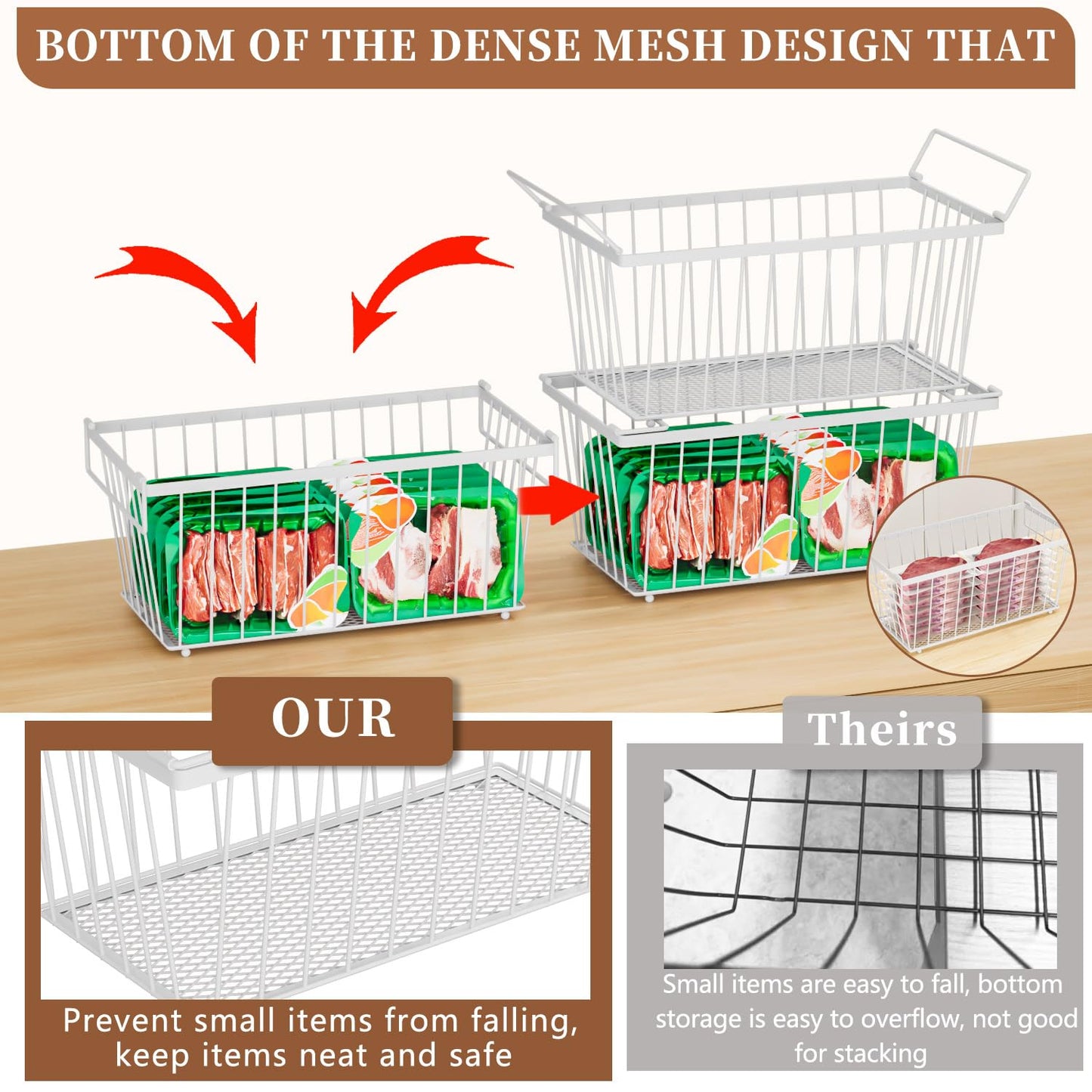 ANJUBAN Enhanced Leak-Proof Bottom - Freezer Organizer Bins ，4 Pack Stackable Deep Freezer Organizer Bins for 7 Cu.FT Small Chest Freezer，Easy Get Bottom Foods without Digging（white）