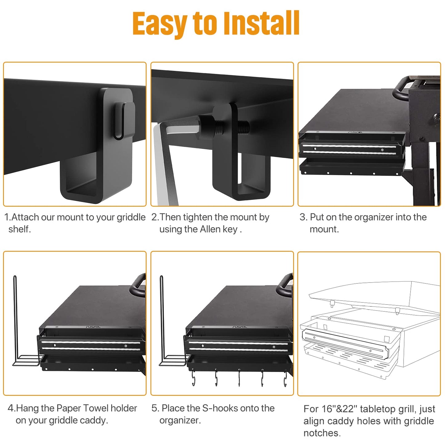 RUSFOL 3-in-1 Stainless Steel Griddle Caddy with Magnetic BBQ Utensil Strip and Paper Towel Holder for 28"/36" Blackstone Griddles,Space Saving BBQ Accessories Storage Box,Easy install&Free from Drill