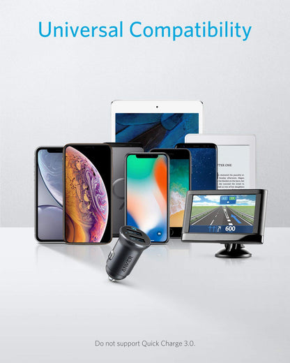 Anker 320 Car Charger (24W II), Mini Aluminum Alloy Dual USB with Blue LED for iPhone16 15 14 13 12 Series, iPad Pro/Air 2/Mini, Galaxy and More - Not Compatible with Quick Charge (Black)